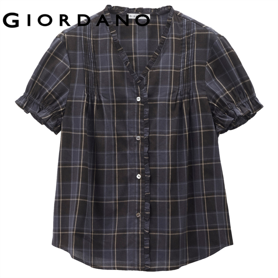GIORDANO بلوزة نسائية كاروهات فينتج بياقة V وكشكش — صورة 2