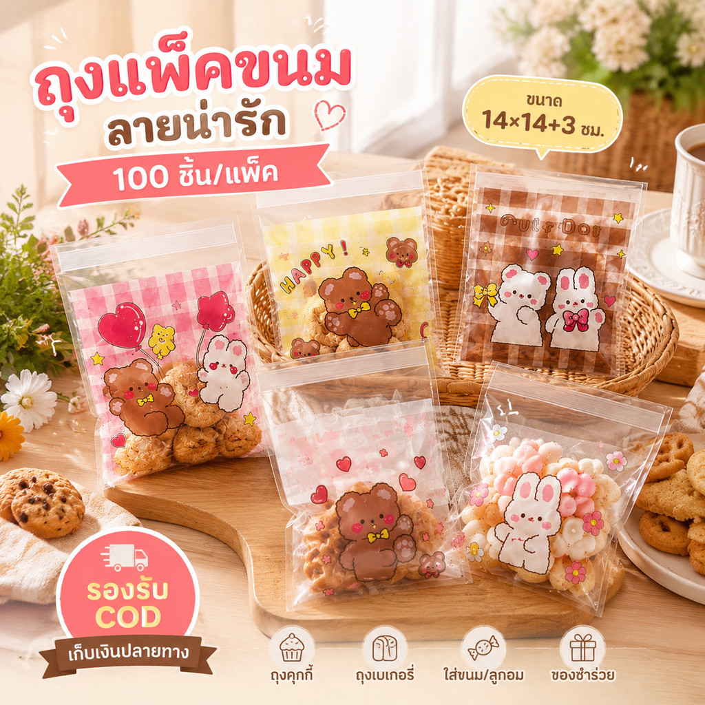 ถุงฝากาวลายน่ารัก 14×14+3 ซม. 100 ใบ/แพ็ค ถุงคุกกี้ ถุงเบเกอรี่ ถุงขนม