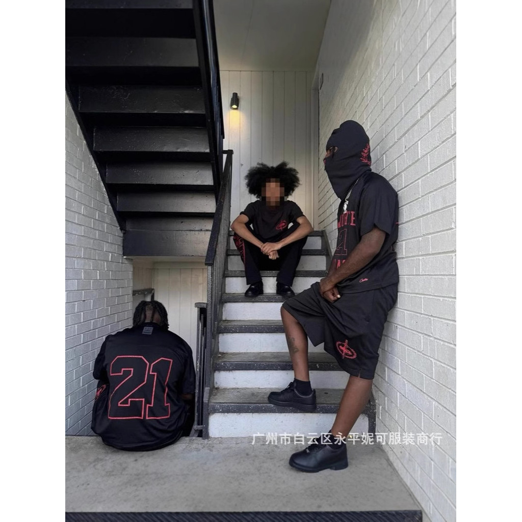 TV7P crtz 21savage Island พิมพ์ Street Hip Hop ตาข่ายแขนสั้นเสื้อยืดกางเกงขาสั้นชุดกีฬา