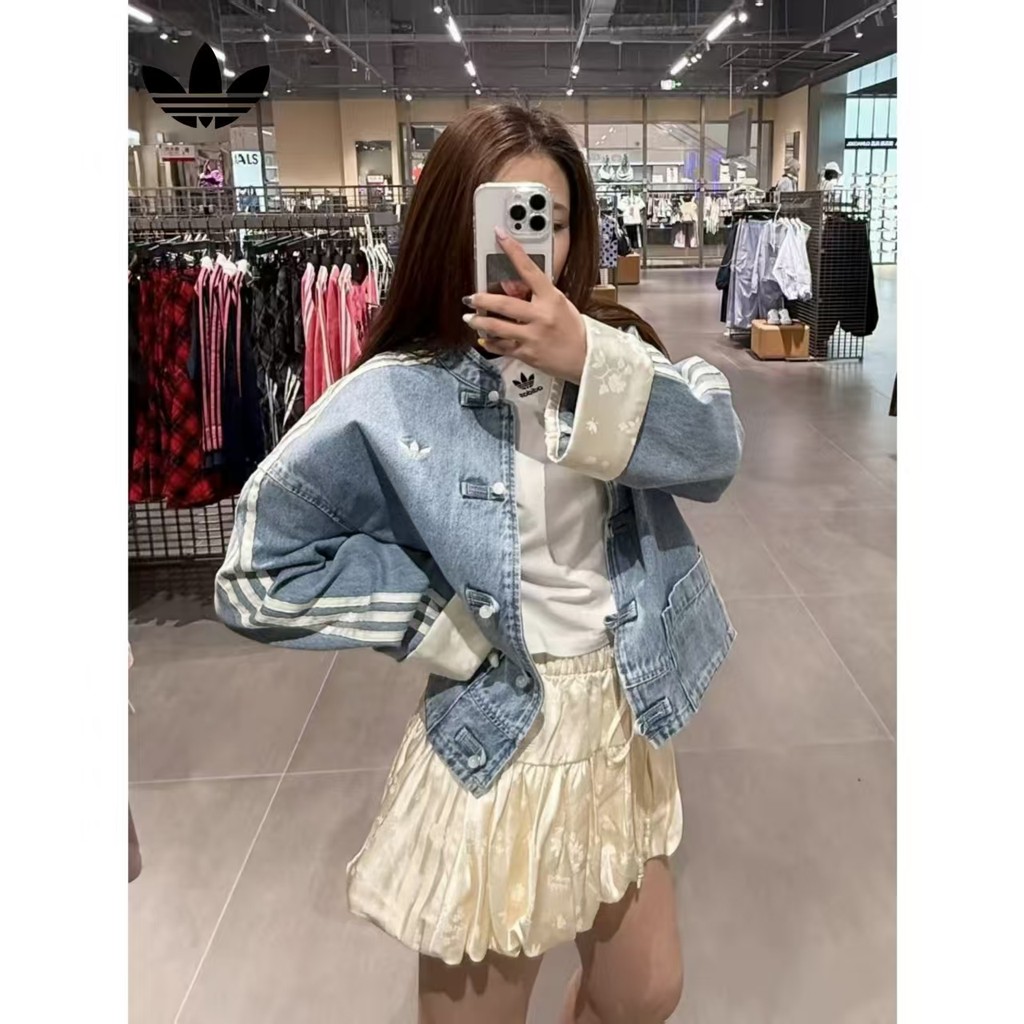 ☘️☘️พร้อมสต็อก Handmade Pearl Adidas Womens Denim Jacket New Chinese Denim Jacket ปัก Retro Jacket C