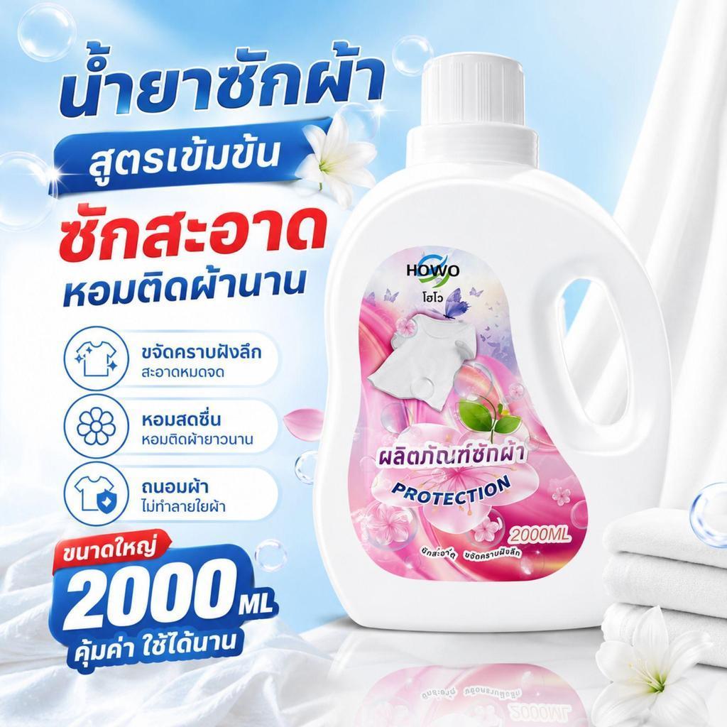 HOWO น้ำยาซักผ้า 2 ลิตร 2000ML กลิ่นหอม ขจัดคราบฝังลึก ล้างออกง่าย ผ้าสะอาดสดชื่น