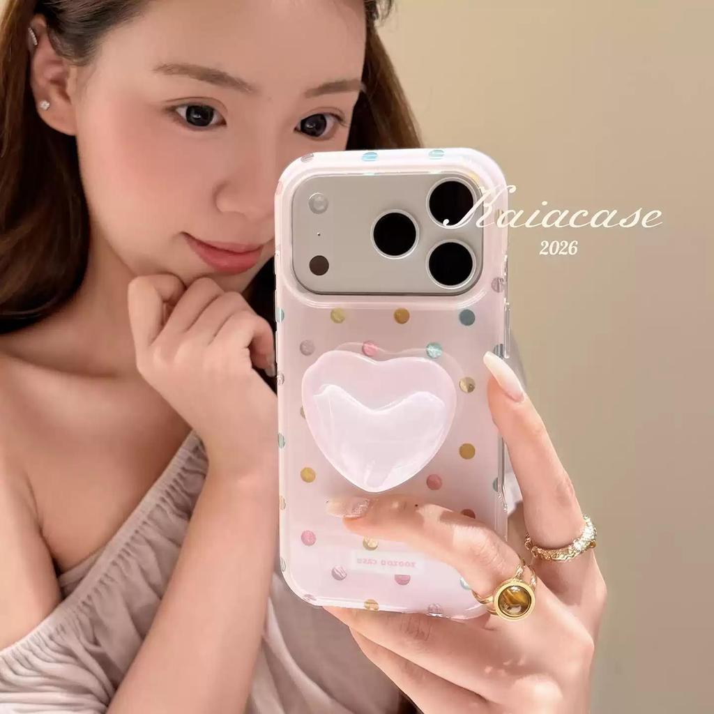 Polka Dot + Love Heart Bracket เหมาะสําหรับ iPhone 17 16 15 14 13 12 11 Pro Max Plus XSMAX XR XS X เคสโทรศัพท์