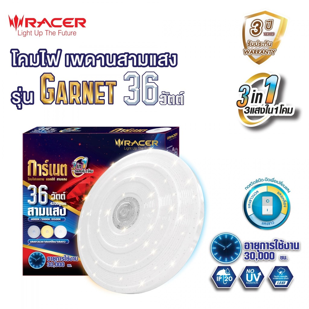 RACER โคมไฟเพดาน แอลอีดี สามแสง 36 วัตต์ รุ่น การ์เนต 01 รับประกันของเเท้
