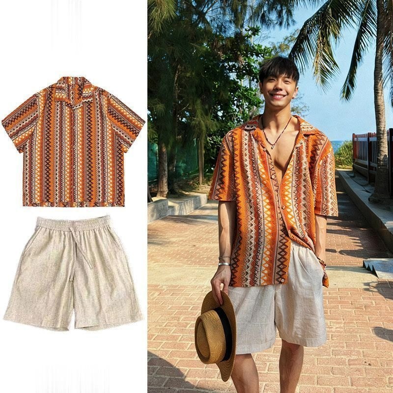 Island Vacation ootd เสื้อเชิ้ตสไตล์ชาติพันธุ์ย้อนยุคอเมริกันสองแพ็ค#海岛度假ootd两装美式复古民族风衬衫