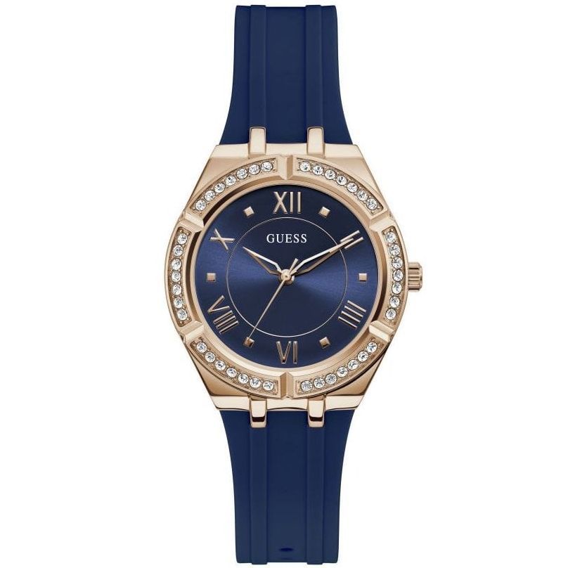 Guess Cosmo Women Crystal Rose Gold Case Navy Blue Silicon Watch GW0034L4 36mm