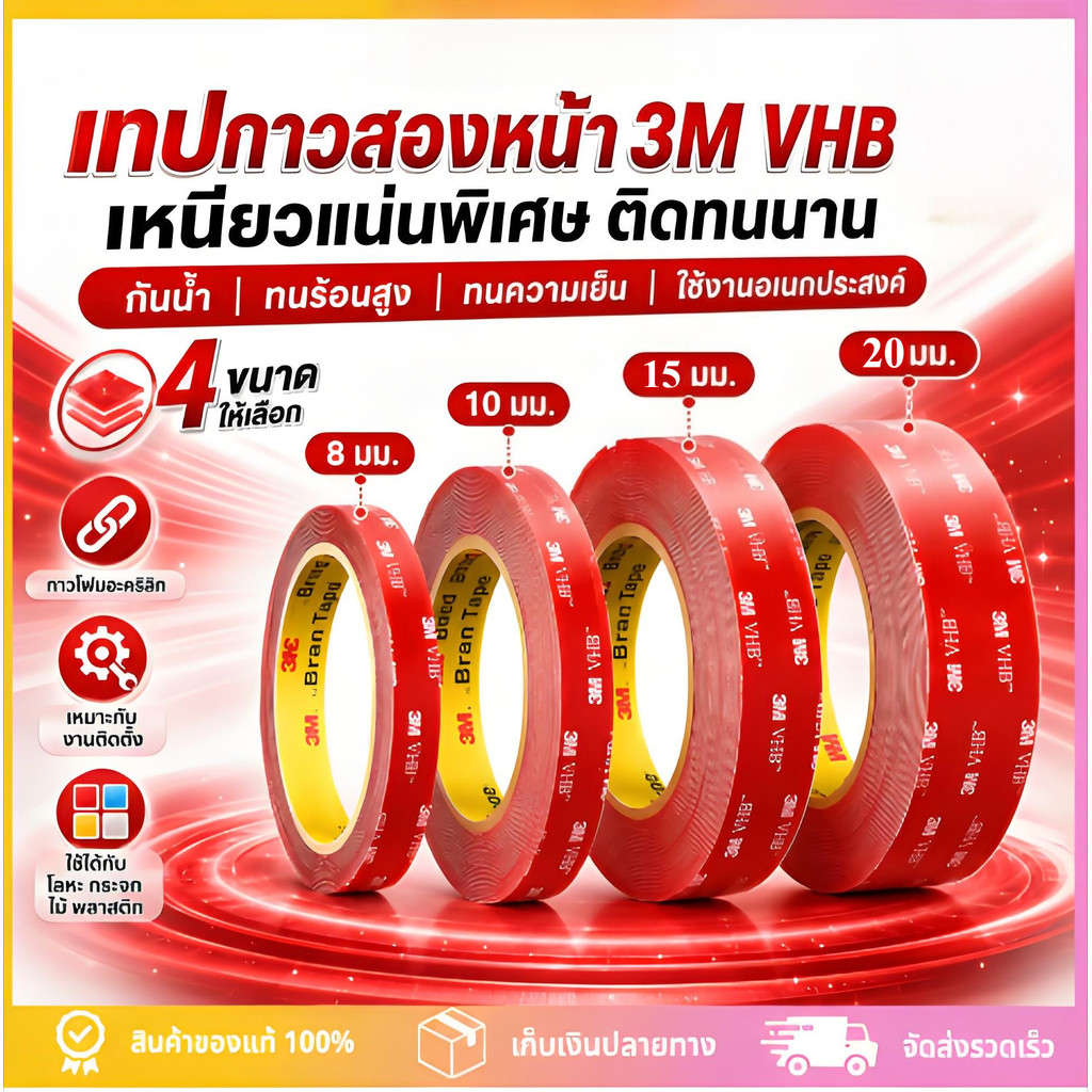 เทปกาว2หน้า3M แบบใส เทปใสสองหน้า ติดผนัง ติดรถยนต์ อเนกประสงศ์ แรงยึดติดสูง ไม่ทิ้งคราบ กันนํ้าทนความร้อนได้