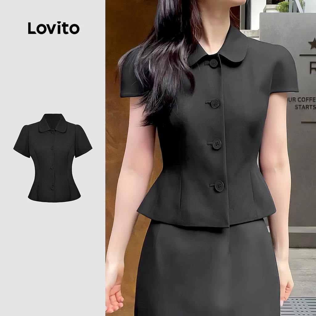 Lovito สง่างาม เสื้อกล้ามเรียบหรู คลาสสิก และใช้งานได้หลายโอกาส ผ้าฝ้ายลายปุ่ม สีดำสำหรับฤดูใบไม้ผลิ/ฤดูร้อน เกาหลี อินเทรนด์ L144AD215