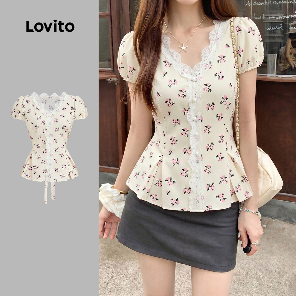 Lovito แคชชวล เสื้อเชิ้ตลูกไม้ผ่าหน้าด้วยกระดุม สไตล์ฤดูใบไม้ผลิ/ฤดูร้อน สำหรับผู้หญิง L154ED1015