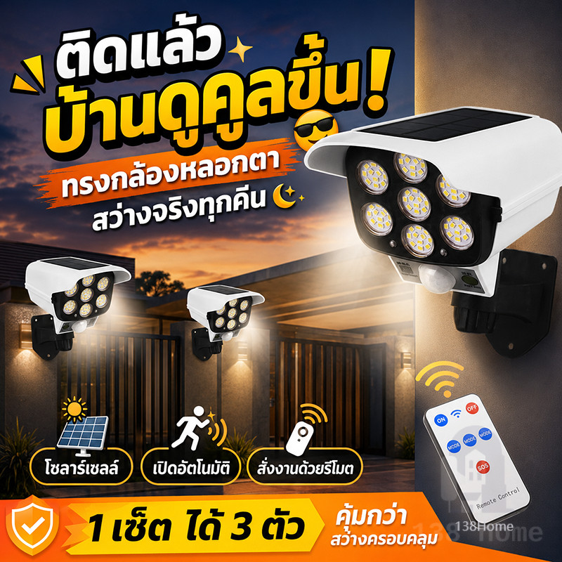 ไฟติดผนัง ไฟโซล่าเซลล์ 77LED Solar SensorLight สไตล์กล้องวงจรปิด ไฟติดผนัง 3โหมด พร้อมรีโมทคอนโทล ไฟสว่างจ้า กันน้ำทนแดด