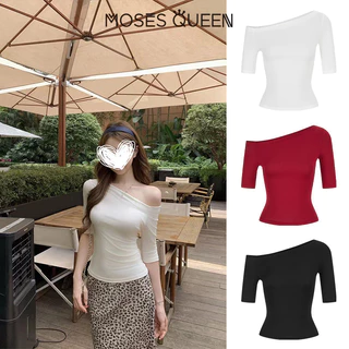 MOSESQUEEN โมเสสควีน เสื้อยืดแขนสั้นไม่มีแขนสําหรับผู้หญิงในฤดูร้อนที่มีความยาวกลางขนาดห้านิ้วเปิดไหล่และเสื้อท็อปครึ่งแขนที่ติดตั้ง #63966
