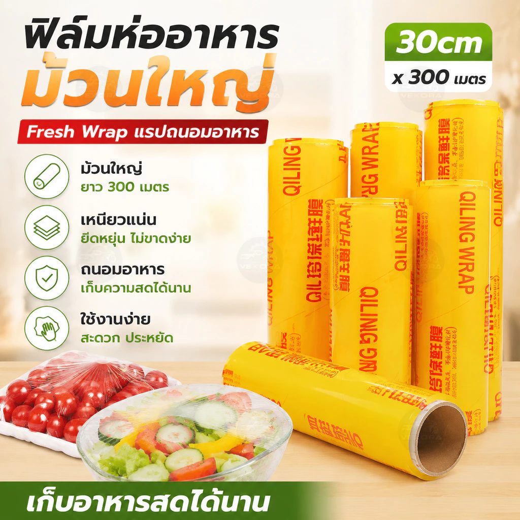 ฟิล์มห่ออาหาร ม้วนใหญ่ Fresh Wrap แรปถนอมอาหาร พลาสติกแรพ ยาว 300 เมตร ใช้งานง่าย เหนียวแน่น เก็บอาหารสดได้นาน 30cm×300M