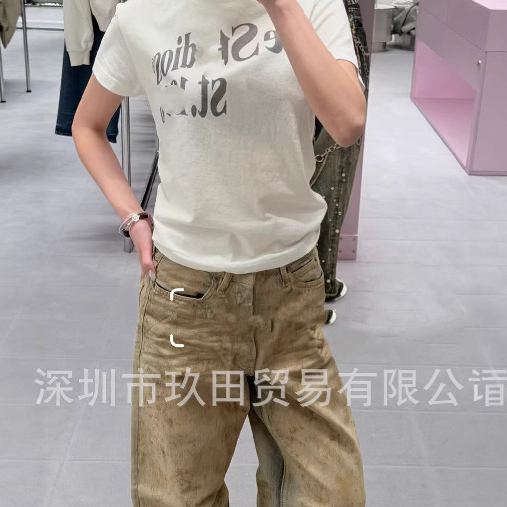 7YEG AC Design Pure Cotton Letter Print Round Neck Short Sleeve T-Shirt Top Women