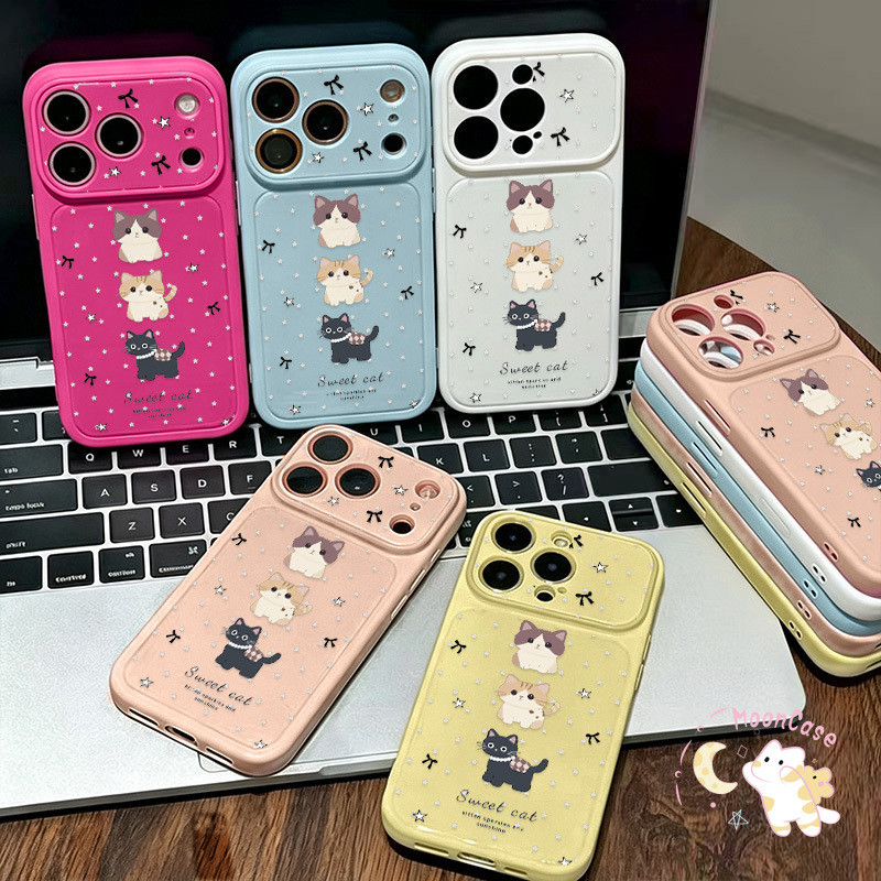 เคสไอโฟน11 สำหรับ IPhone 17 13 15 16 12 14 11 18 Pro Max 17 15 11 13 Pro เคสแมวน่ารัก ลายจุดโบว์ หน้าต่างกล้องใหญ่