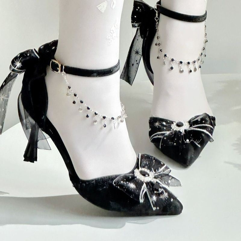 Lolita สีดําขนาดใหญ่รองเท้าส้นสูงผู้หญิง 34-42 Elegant lolita Pointed Stiletto Heel 8 ซม.Starry Sky 