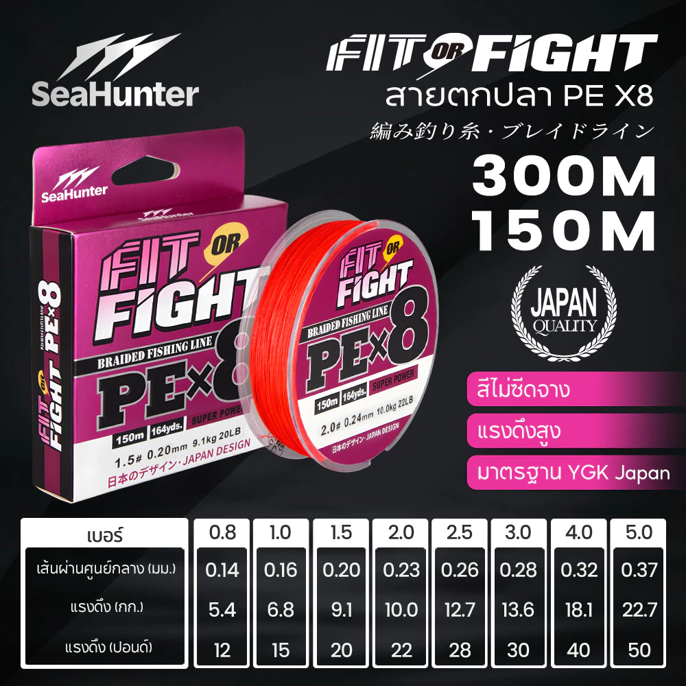 SeaHunter Fit or Fight เอ็นตกปลา ถัก 8 เส้น PE X8 Fishing Line 300M/150M YGK สายหลักความแข็งแรงสูง