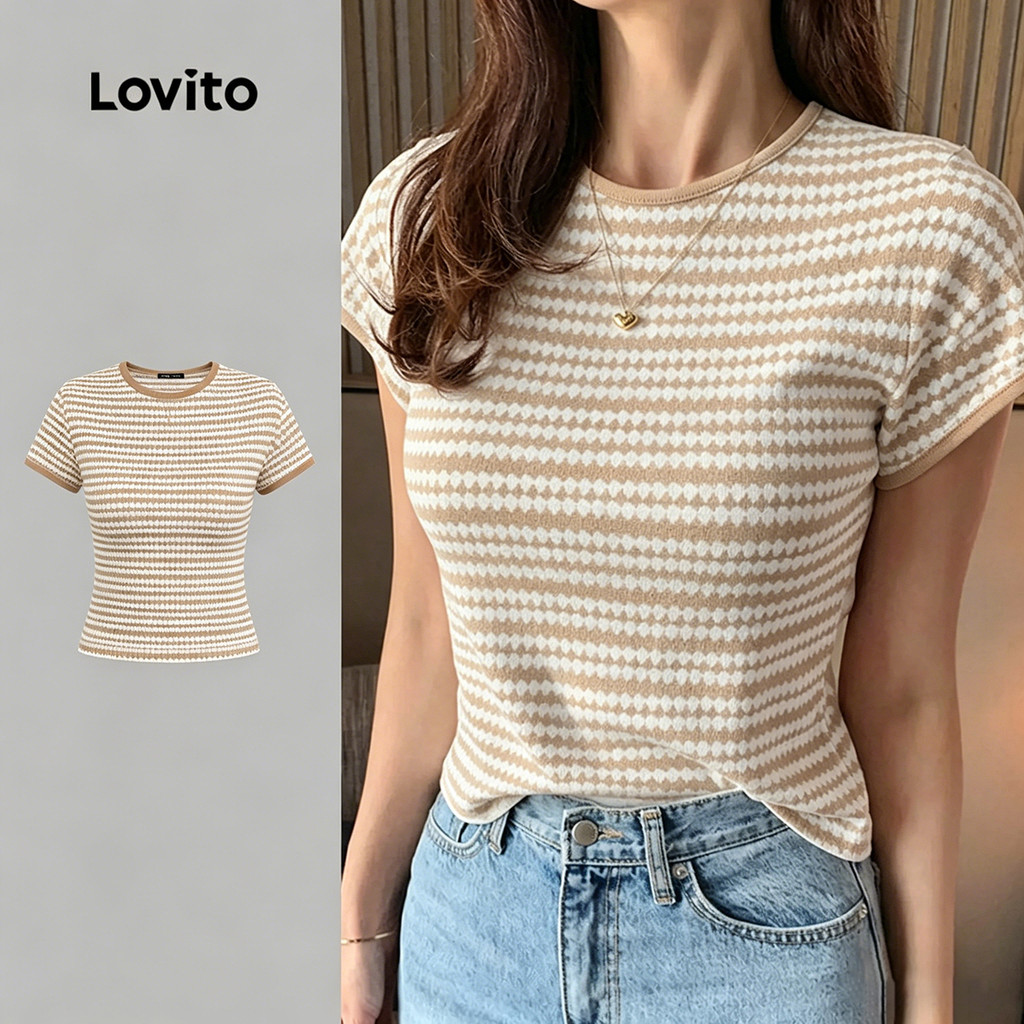 (New Arrival) Lovito เสื้อยืดลําลองสําหรับผู้หญิง สไตล์แคชชวล ลายเส้นสีบล็อก โทนสีคากี เหมาะสําหรับฤ