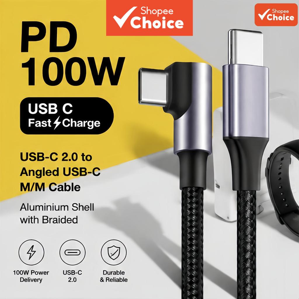 สายชาร์จเร็ว PD 100W หัวต่อแบบมุมฉาก ถักไนลอน หุ้มอะลูมิเนียม คุณภาพสูง สําหรับ iPhone Samsung Xiaomi