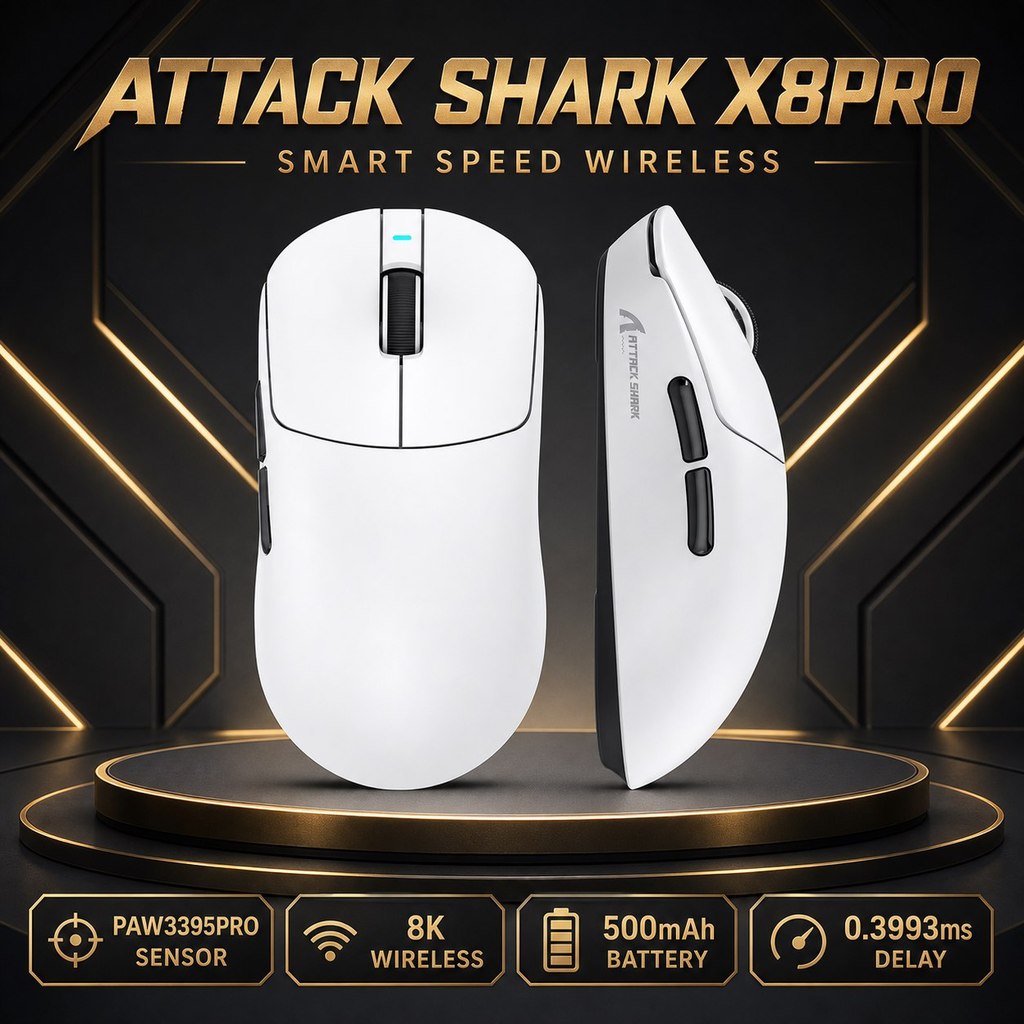 Attack Shark X8PRO Tri-Mode Gaming Mouse PAW3395PRO Sensor Broadcom BK52820 ชิป 8KHz ปรับ Polling‐Ra