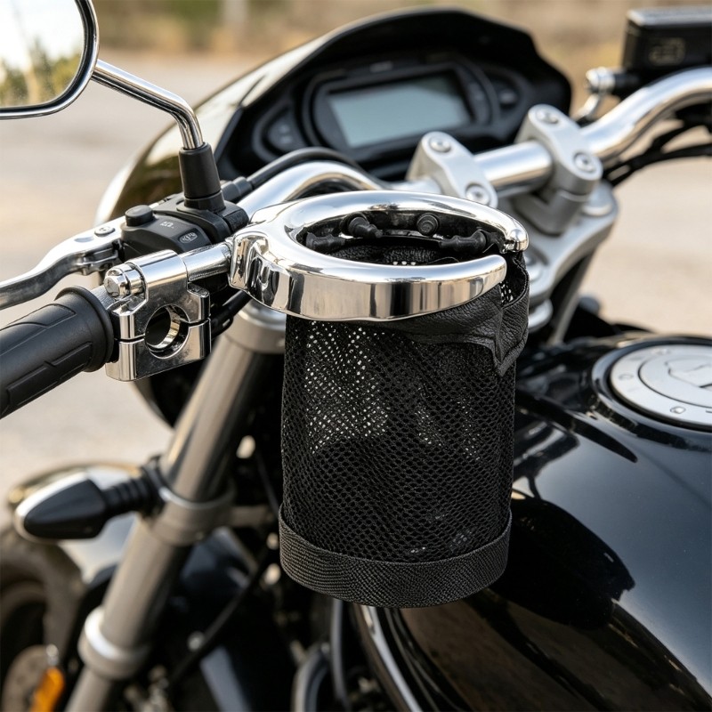 EV Mesh Motorcycle Cup Holder Pouch with 22 Mm Handlebar Clamp Support