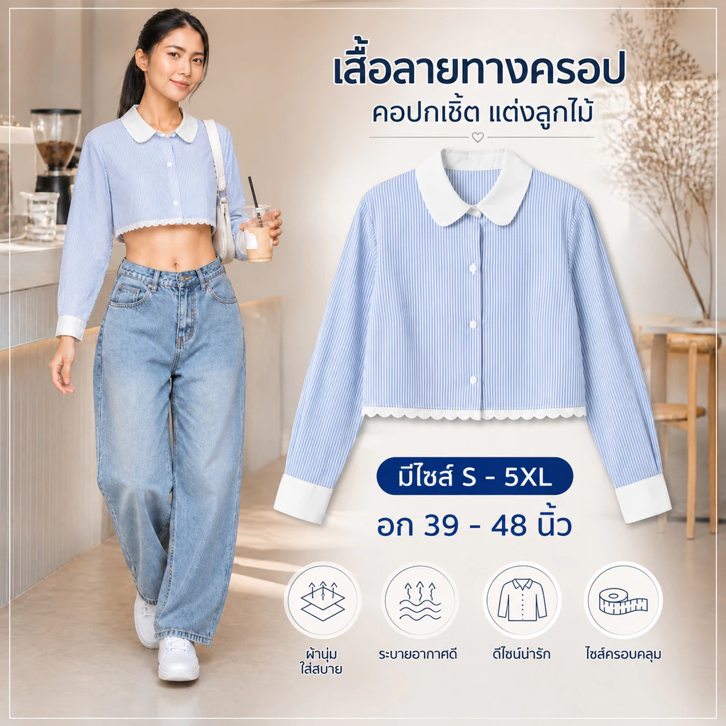 เสื้อเชิ้ตครอป ลายริ้วฟ้าขาว S-5XL ปกบัวมน ชายเสื้อแต่งลูกไม้ฉลุ สไตล์เกาหลี มินิมอลใส่เที่ยวคาเฟ่