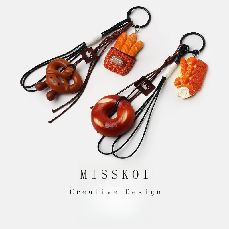 MISMEMO มินิอาหารของเล่นจําลองขนมปังจี้ด่างน้ํา Bagel Baguette น่ารัก Retro กระเป๋าสร้อยคอจี้ Lanyar