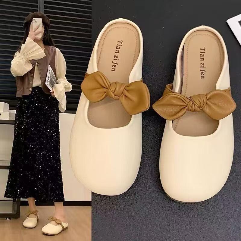 Bowknot 2025 ใหม่แฟชั่นฤดูร้อนผู้หญิง Slip-On แบน Lazy Toe-Covered รองเท้าแตะครึ่งสําหรับ Ou