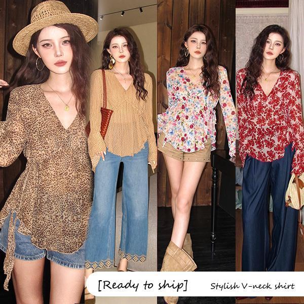Red Berry-เสื้อแขนยาวพิมพ์ลายคอวีลายจุดผ้าชีฟองฝรั่งเศสสำหรับผู้หญิง ทรงหลวม สไตล์เรโทรเหมาะสำหรับฤดูร้อน#99570/71/72/73