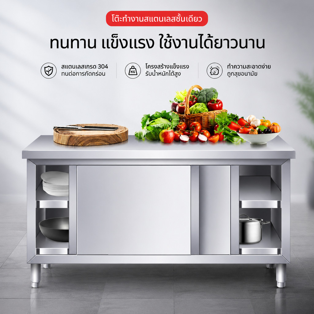 โต๊ะทำงานในครัว ตู้เก็บของในครัวสแตนเลส 304 โต๊ะทำงานอเนกประสงค์ แข็งแรงทนทาน กันน้ำ กันสนิม! ใช้เป็นโต๊ะเตรียมอาหารไ