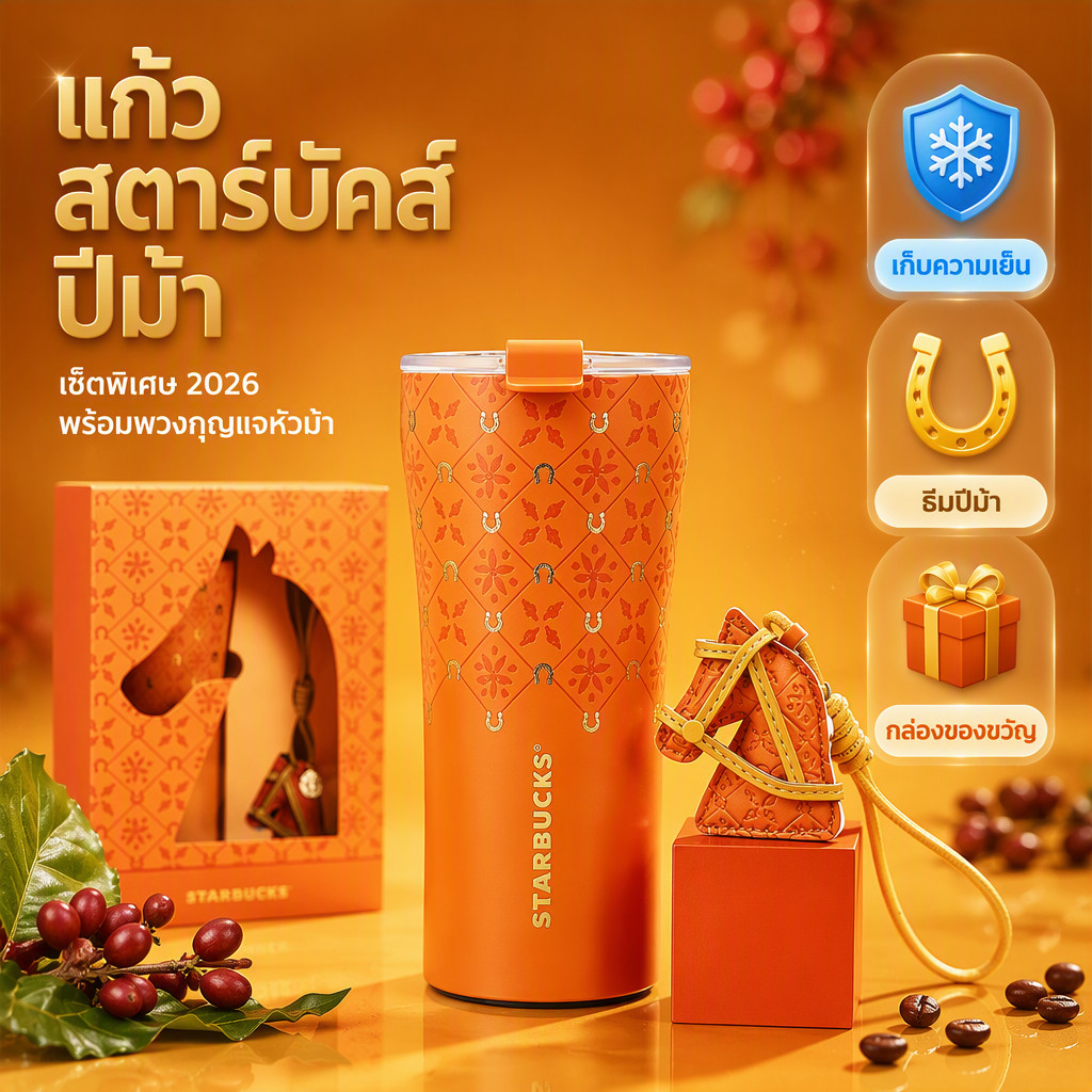 แก้วสตาร์บัคส์ 2026 ปีม้า Series STTOKE ลายดอกไม้กาแฟ 470ml กล่องของขวัญ ดีไซน์สวยงาม
