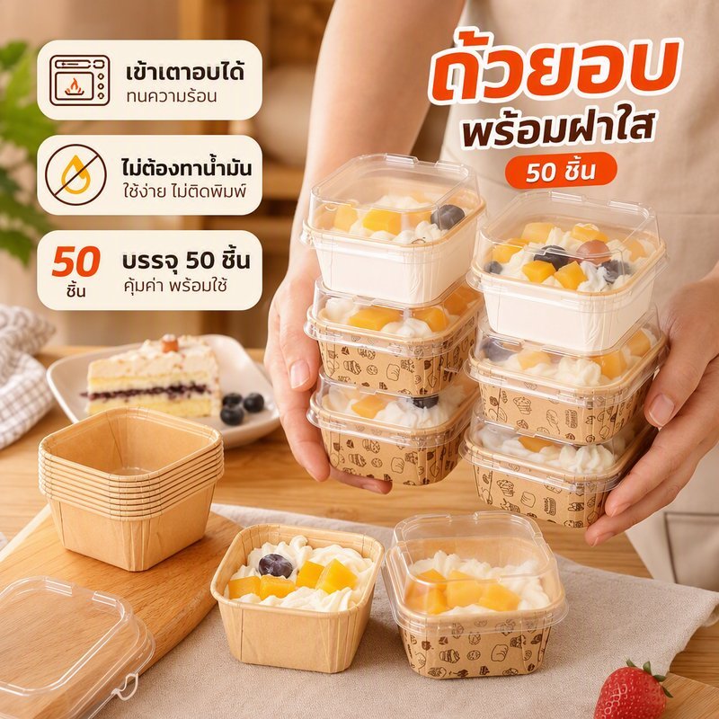 ถ้วยกระดาษคัพเค้ก พร้อมฝา 50 ใบ ชนิดสี่เหลี่ยม กระดาษกันน้ำมัน ทนความร้อน สำหรับอบเบเกอรี่