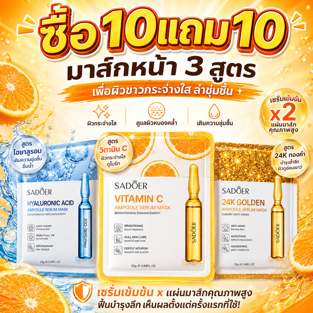 🔥ซื้อ 10 แถม 10 SADOER Serum Mask มาส์กหน้าไฮยาลูรอน วิตามินซี 24K Gold บำรุงผิวชุ่มชื้น