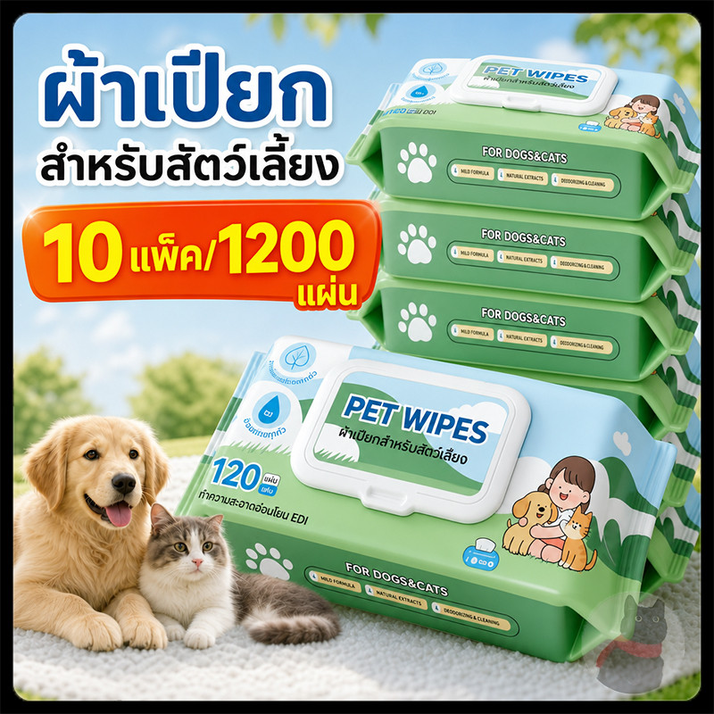 【10 แพ็ค/1200 แผ่น】ทิชชู่เปียกสำหรับสัตว์เลี้ยง ฆ่าเชื้อ 99.99% ใน 30 วินาที ลดกลิ่น ลดคัน อ่อนโยน ปลอดภัย