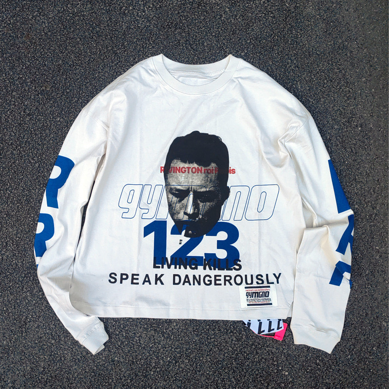 LGJV JERRY RRR123 Retro ล้าง Distressed Smoking Portrait Graffiti สโลแกนแขนยาวชาย T