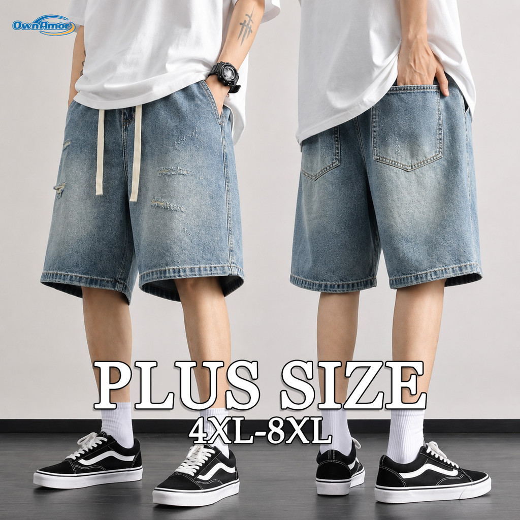 【4XL-8XL】 กางเกงยีนส์ขาสั้นผู้ชาย ทรงหลวม ลำลอง เอวยางยืด มีเชือกผูก พลัสไซส์