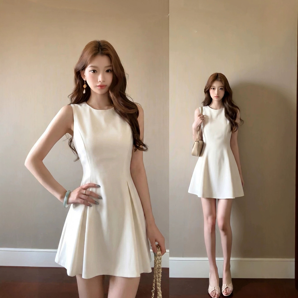 8.24-Dughter สไตล์แขนกุดชุดหญิงสีขาว A-Line แคบเอว Slimmer ดูกระโปรงขนาดเล็กฤดูร้อนที่สวยงามขนาดเล็ก