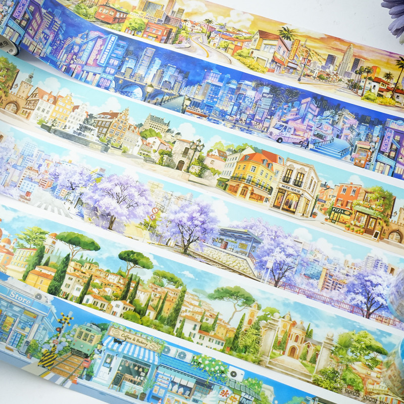 WEI 60 มม.*2 ม. 1 ม้วน [Strolling Long Street Series] Glowing Nightscape Green Alley รูปแบบสีน้ํา Journal วัสดุฐานตกแต่ง Collage เทปสมุดภาพอุปกรณ์
