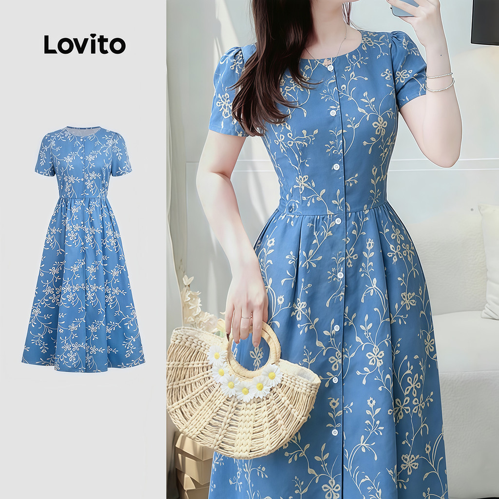 Lovito เดรสผู้หญิงสีฟ้าฤดูใบไม้ผลิ/ฤดูร้อน แบบกระดุมด้านหน้า สวยงาม LBL35170