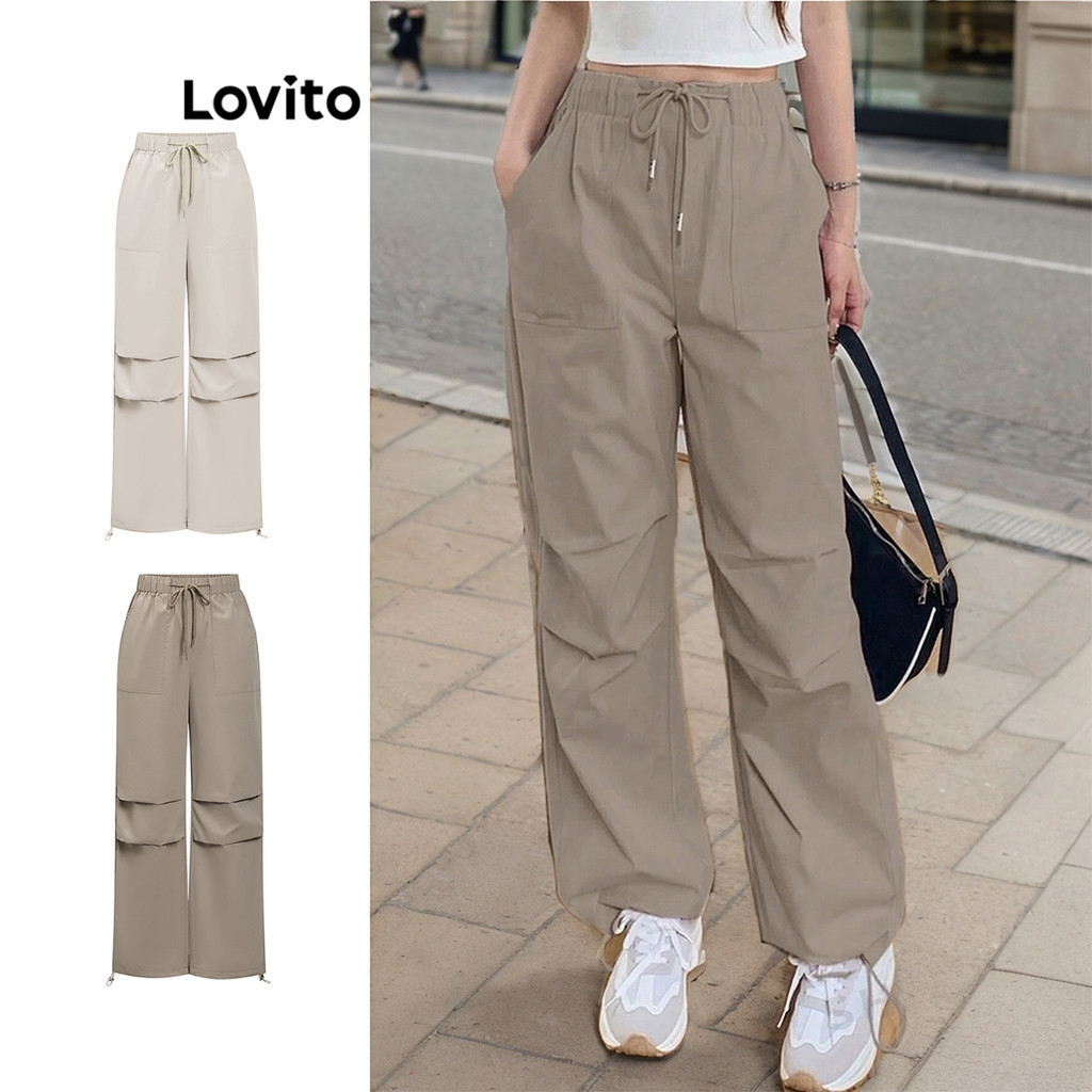 Lovito กางเกงขายาวผู้หญิง แต่งจีบ สีพื้น สไตล์แคชชวล L87ED258(หลากสี)