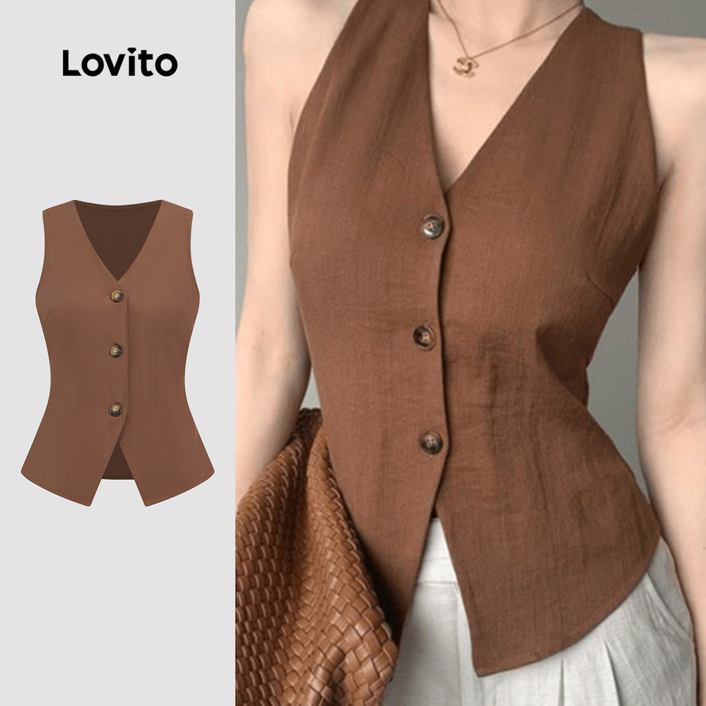 Lovito สง่างาม เสื้อสีน้ำตาลช็อกโกแลตสไตล์เรียบง่ายติดกระดุมด้านบนที่หรูหราสำหรับฤดูใบไม้ผลิ/ฤดูร้อนสำหรับผู้หญิง L143ED024