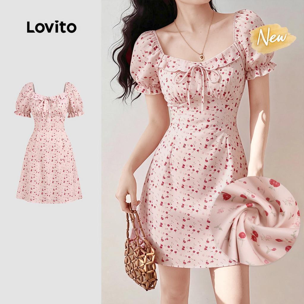 (New Arrival) Lovito ชุดเดรสสีชมพูสไตล์ลําลองแต่งระบายลูกไม้ ผูกเชือก เดรสผู้หญิงสําหรับฤดูใบไม้ผลิ/ฤดูร้อน DRB198P1D199