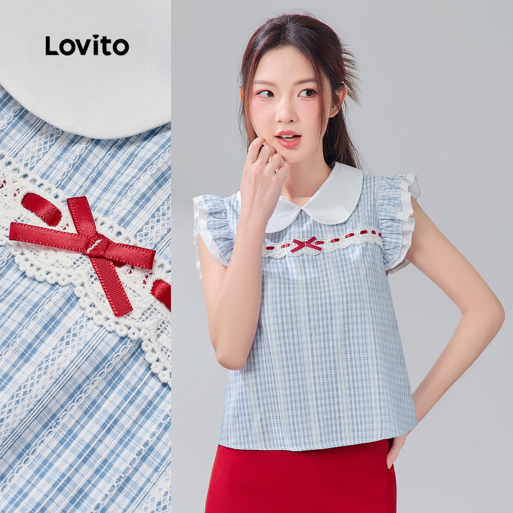 Lovito เสื้อเชิ้ตแขนสั้นคอปีเตอร์แพนผ้าลูกไม้คอตตอนสีฟ้าสไตล์ลำลองน่ารักสำหรับฤดูใบไม้ผลิ/ฤดูร้อน เกาหลี อินเทรนด์ LR18E074