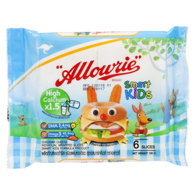 อลาวรี่เชดด้าชีสสไลด์สูตรสมาร์ทคิดส์ 100ก Allowrie Smart Kids Cheddar Cheese Slices 100g. [8850332312379 ]