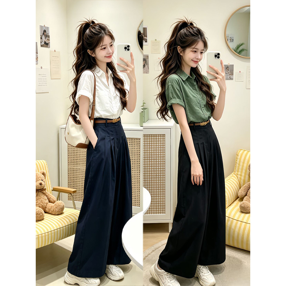 Danren Kochi สวมใส่ทั้งชุด Plus ขนาดไขมัน mm สไตล์เกาหลี Commuter สไตล์เสื้อเชิ้ตสีขาว Retro กางเกงข