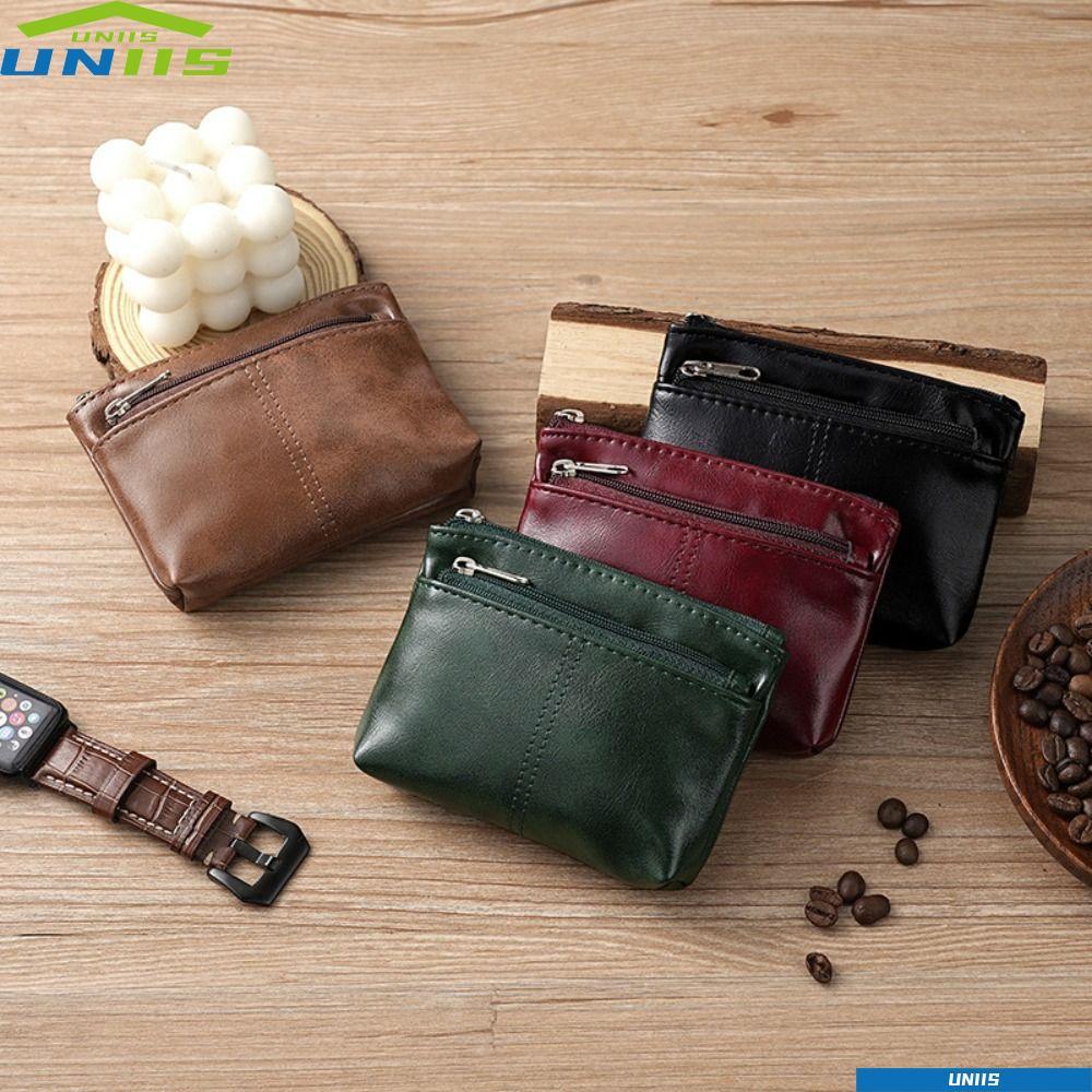 UNIIS Zero Wallet, กระเป๋าใส่เหรียญวินเทจหนัง PU, กระเป๋าซิปสีทึบแฟชั่น