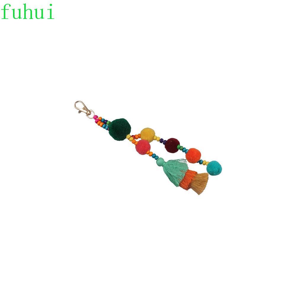 FUHUI Boho สไตล์ผม Ball พู่พวงกุญแจ, ปอมปอม Boho สไตล์ Boho พวงกุญแจ, Boho เครื่องประดับพู่ Handmade