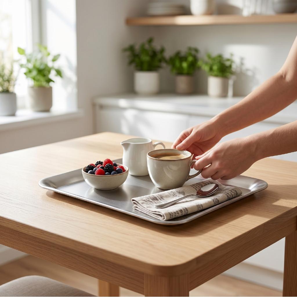 GOWENIC สแตนเลสสแควร์ถาดขนมกันสนิมสําหรับเค้กขนมอบชายามบ่าย Cafe Home Kitchen 23 ซม.