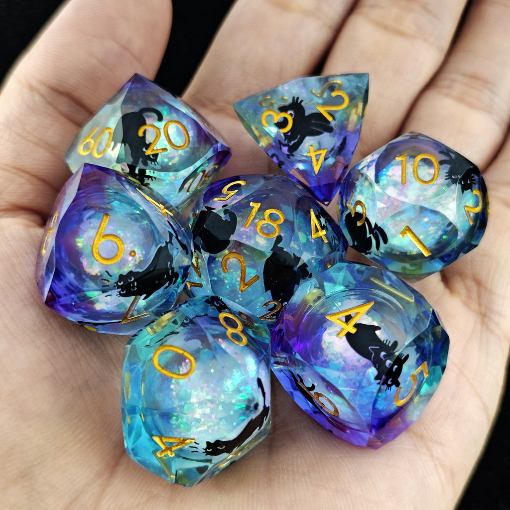 Top12- [Luminous] DND Mirror Glitter Sticker Cat Resin Dice Luminous Set TRPG Board Game Dice COC Ru