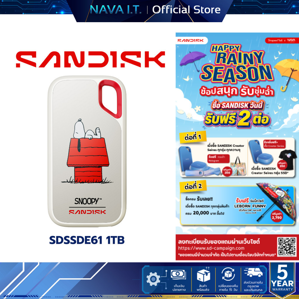 SANDISK PORTABLE SSD 1TB (เอสเอสดีพกพา) Limited Edition SNOOPY SDSSDE61-1T00-AP