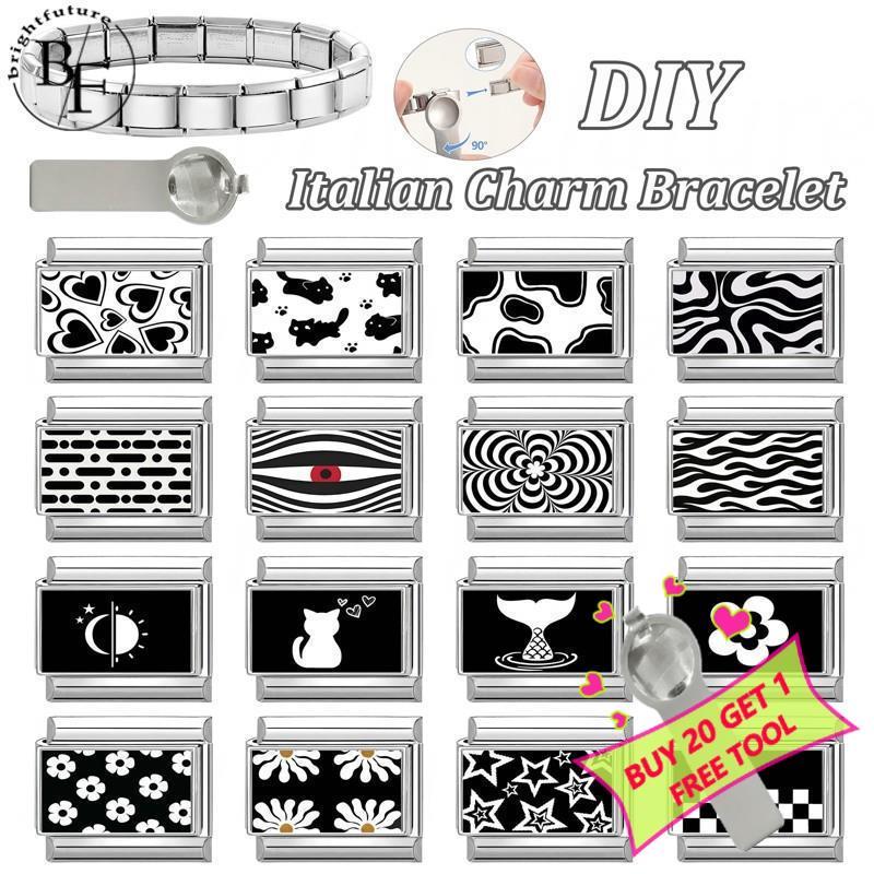 สีดําสีขาวพิมพ์ภาพอิตาเลี่ยน Charm สร้อยข้อมือ Fit 9 มม.สร้อยข้อมือสแตนเลส DIY เครื่องประดับทําอุปกรณ์เสริม Retro บุคลิกภาพโมดูลสร้อยข้อมืออุปกรณ์เสริม
