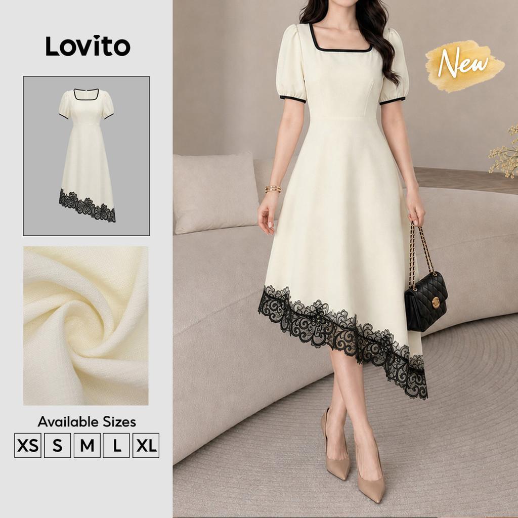 (New Arrival) Lovito เดรสผู้หญิงสีแอปริคอตทรงเอแบบยาวสไตล์ลำลอง สีพื้นแต่งลูกไม้สีตัดกัน สำหรับฤดูใบ